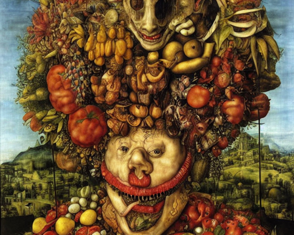 Artistic painting of face made of fruits, vegetables, and meats in a landscape.