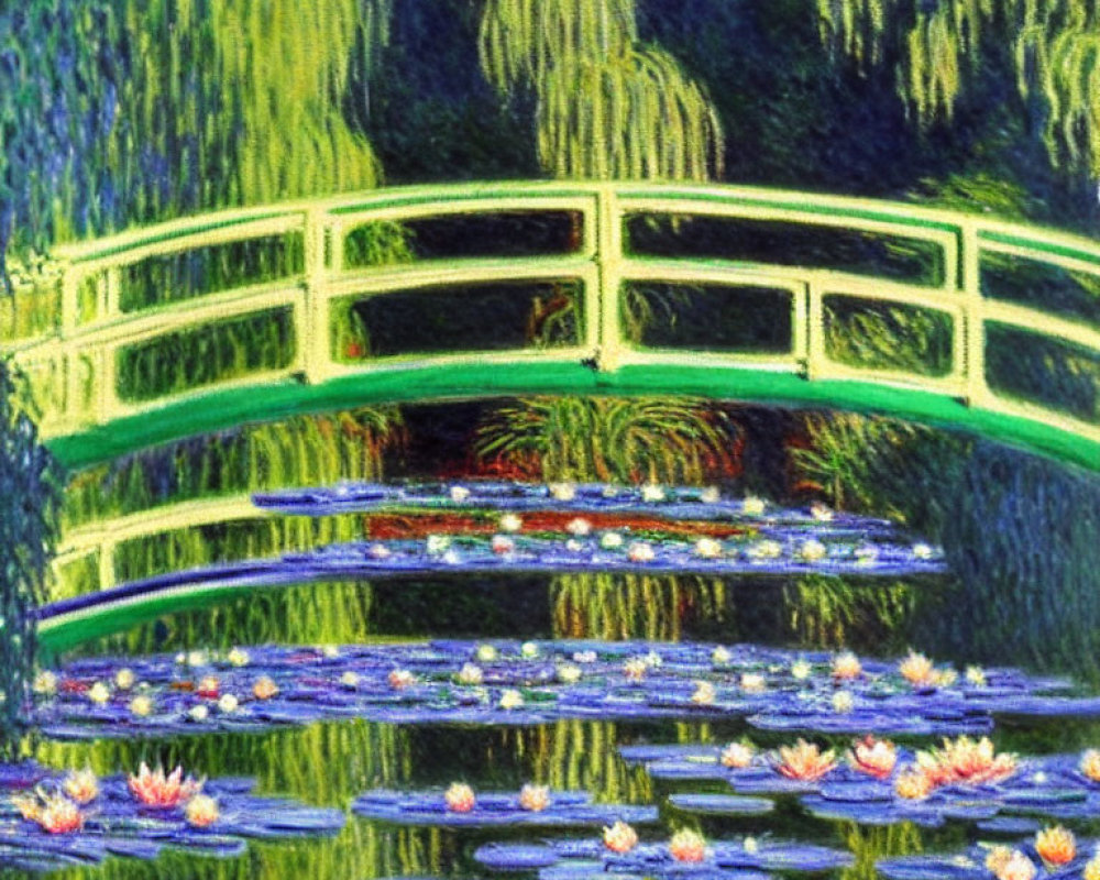 Vibrant Impressionist painting of bridge over lily pad pond