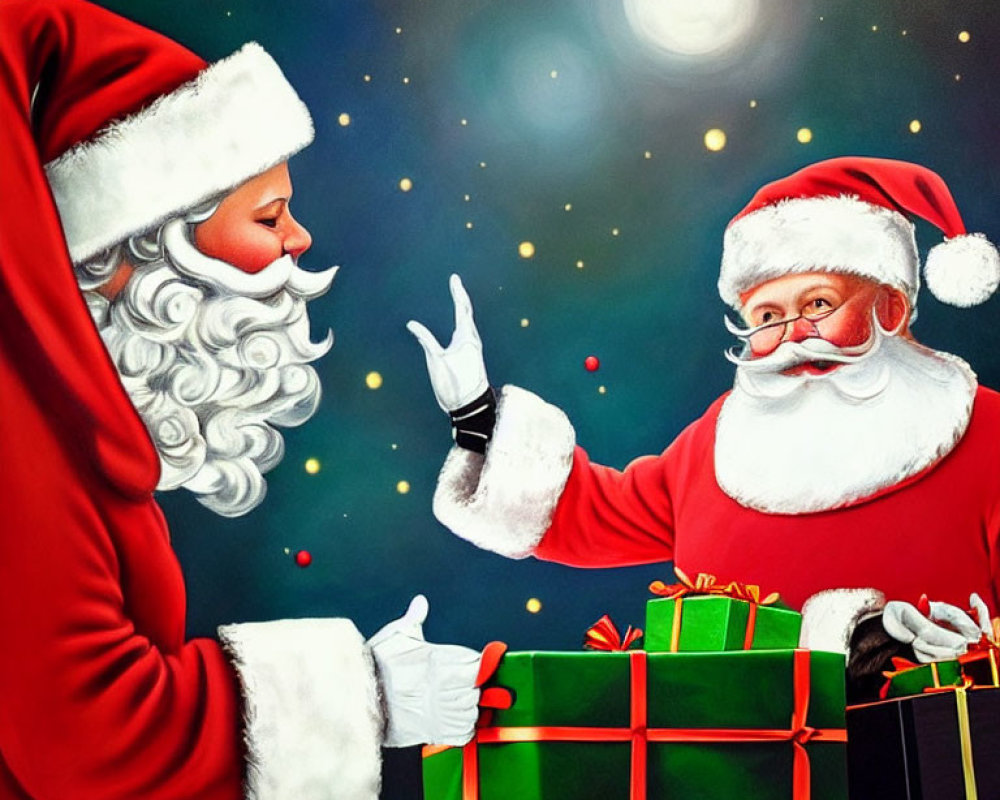 Two Santa Claus Figures Holding Gift Box on Festive Background