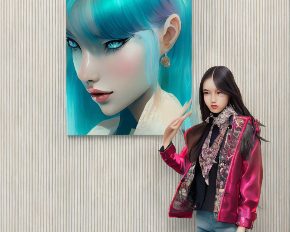 Woman in Red Jacket Stands by Portrait of Blue-Haired Character