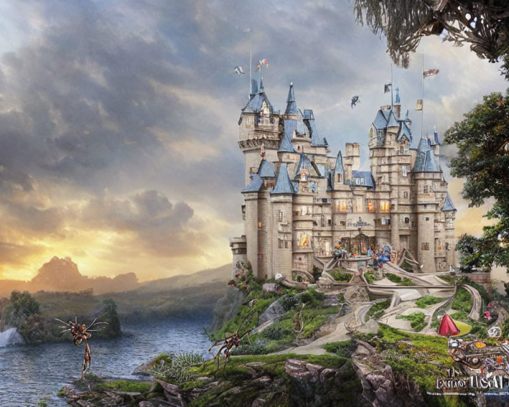 Enchanting castle on hill with waterfalls, bridges, whimsical creatures
