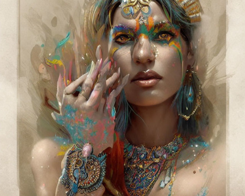 Colorful Portrait of Woman with Ornate Jewelry and Painted Face