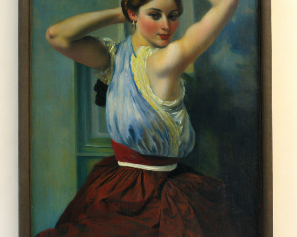Woman in Blue Sleeveless Blouse and Red Skirt Oil Painting