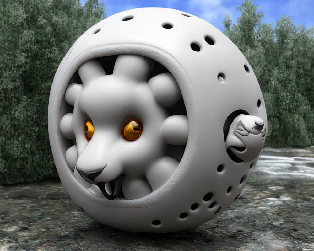 3D-rendered sphere with lion faces on rocky terrain under cloudy sky