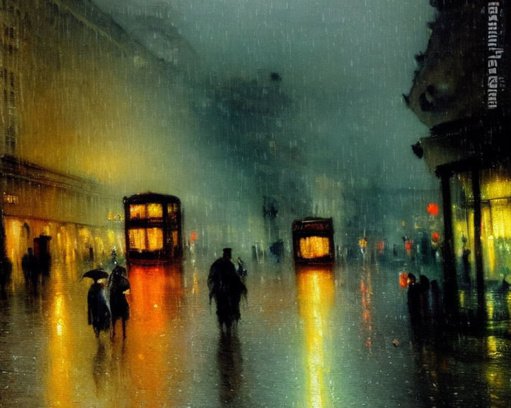 Blurred lights and silhouetted figures on rainy evening streets
