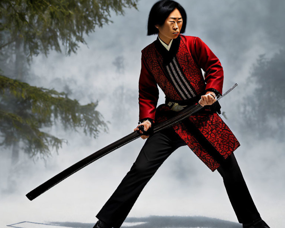 Person in Red and Black Traditional Outfit with Sword in Misty Pine Forest