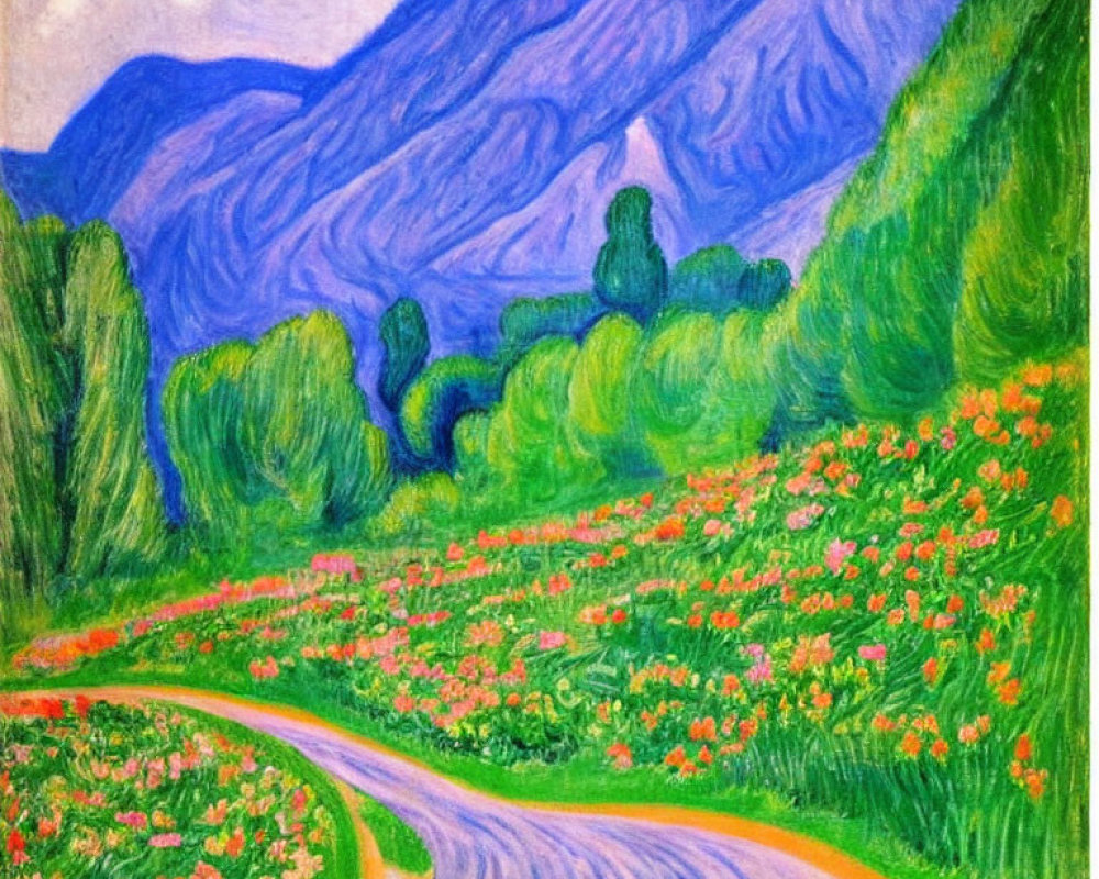 Colorful landscape painting: path, flowers, trees, mountain