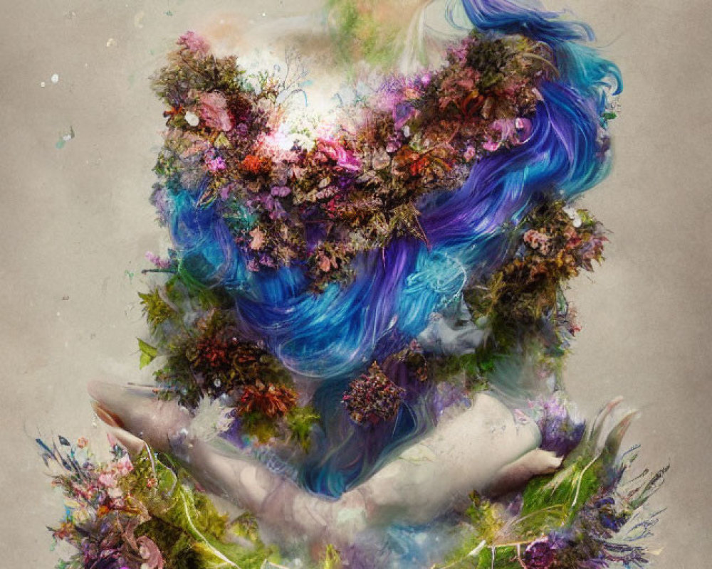 Surreal artistic depiction of woman with flowing blue hair and vibrant flowers on beige background