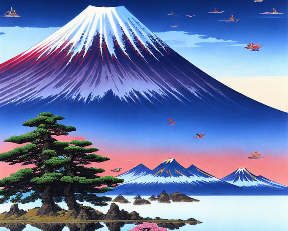 Scenic Mount Fuji landscape with blue sky and nature elements