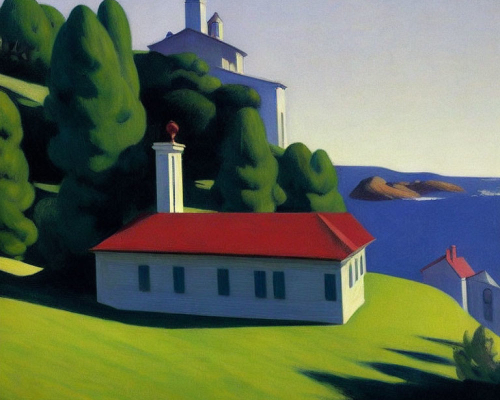 Landscape painting of white house with red roof, trees, coastline, sea, and blue sky
