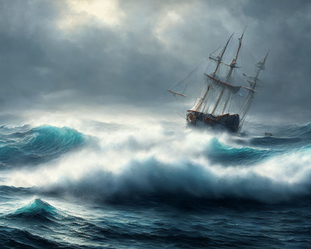 Sailing Ship in Turbulent Seas and Stormy Skies