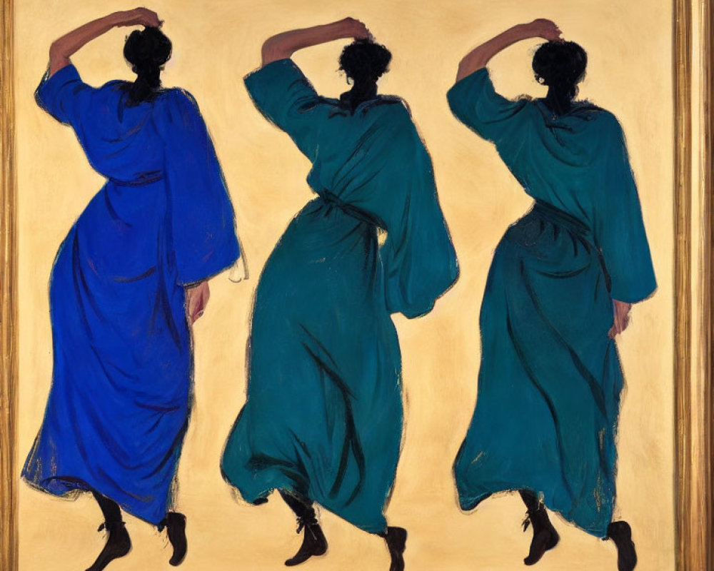 Stylized female figures in blue and green garments dancing on gold background