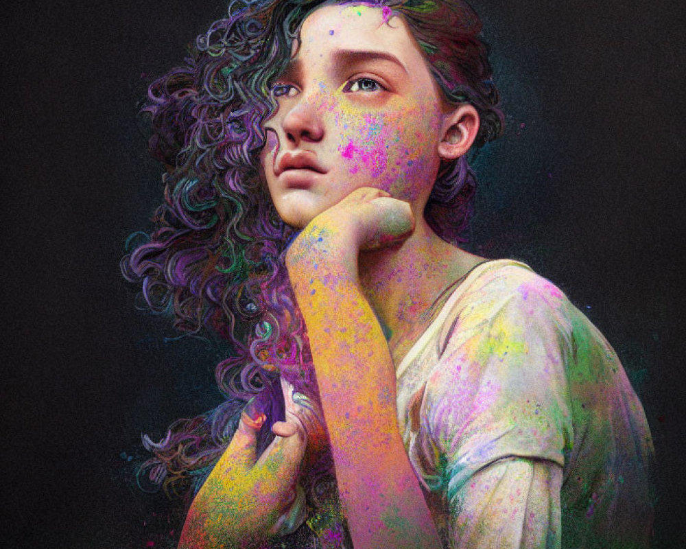 Colorful digital portrait of young woman with curly hair in contemplative pose