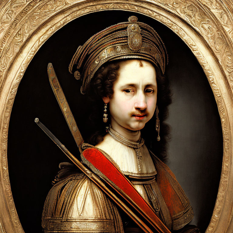 Classical portrait of a person in ornate armor with detailed breastplate and decorative headpiece in circular