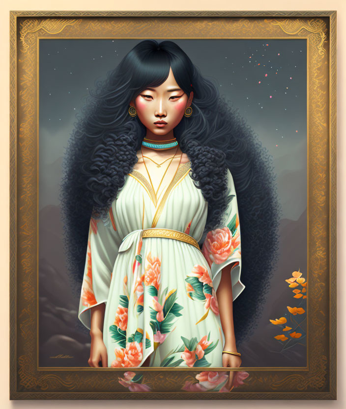Digital artwork featuring woman with black hair in floral dress, framed with butterflies and flowers