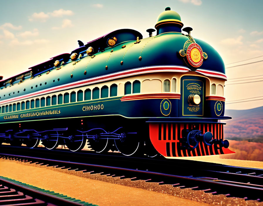 Vibrant Blue and Orange Vintage-Style Train on Scenic Tracks