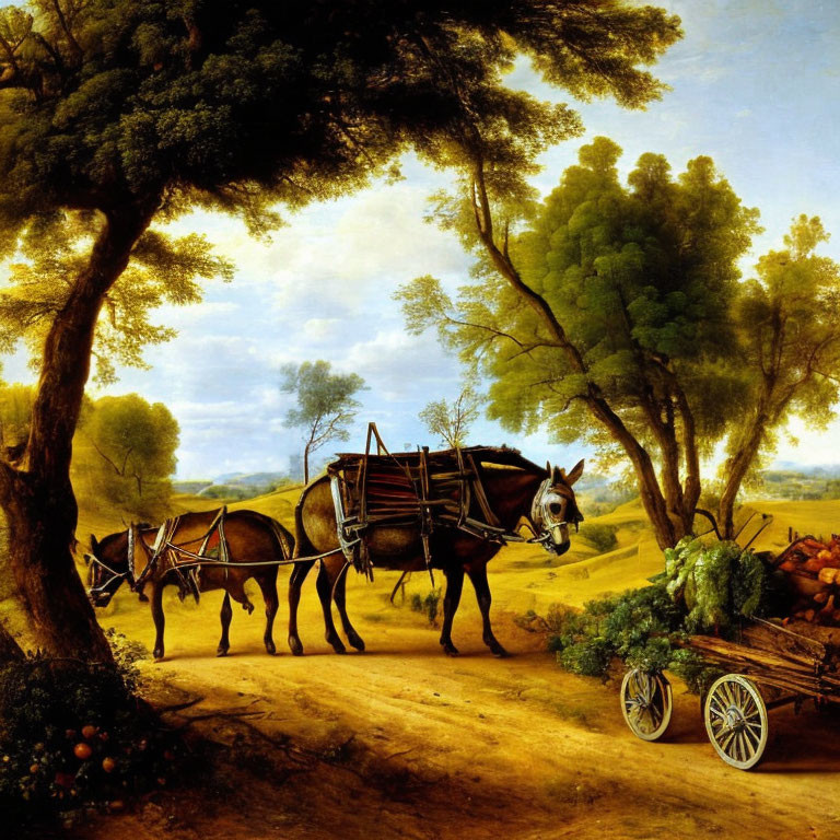 Tranquil pastoral painting: two horses, cart, lush landscape