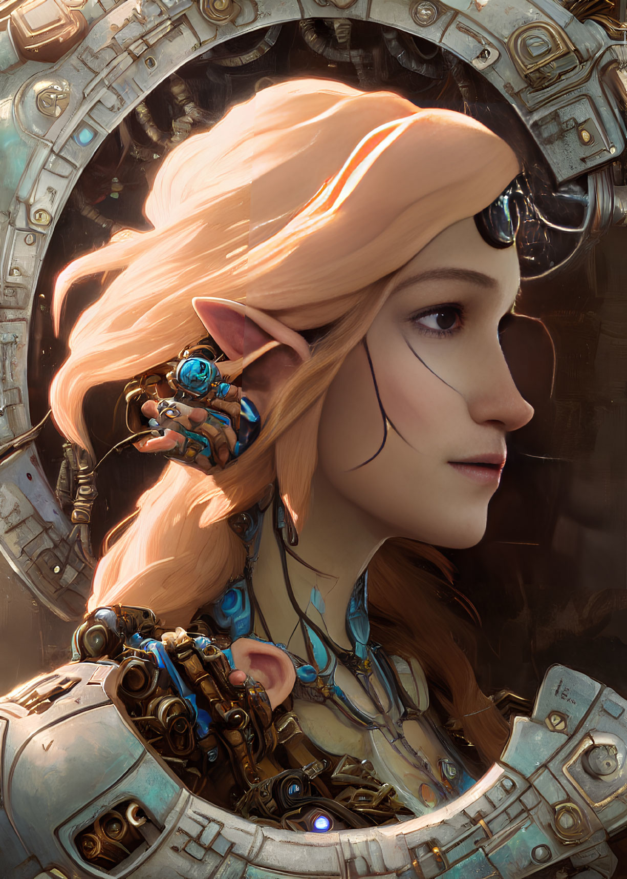 Female elf with peach hair emerges from circular portal with futuristic blue jewelry.