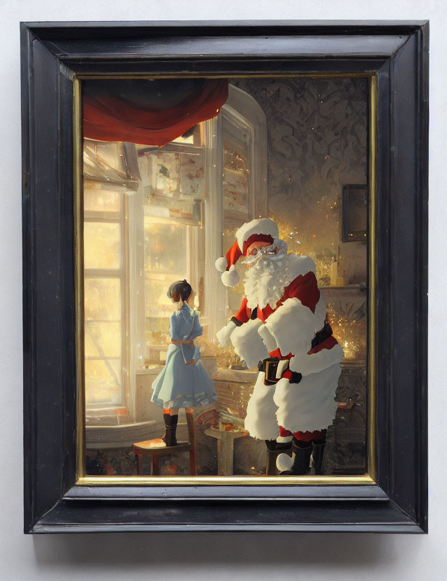 Indoor Santa Claus painting with little girl by frosty window