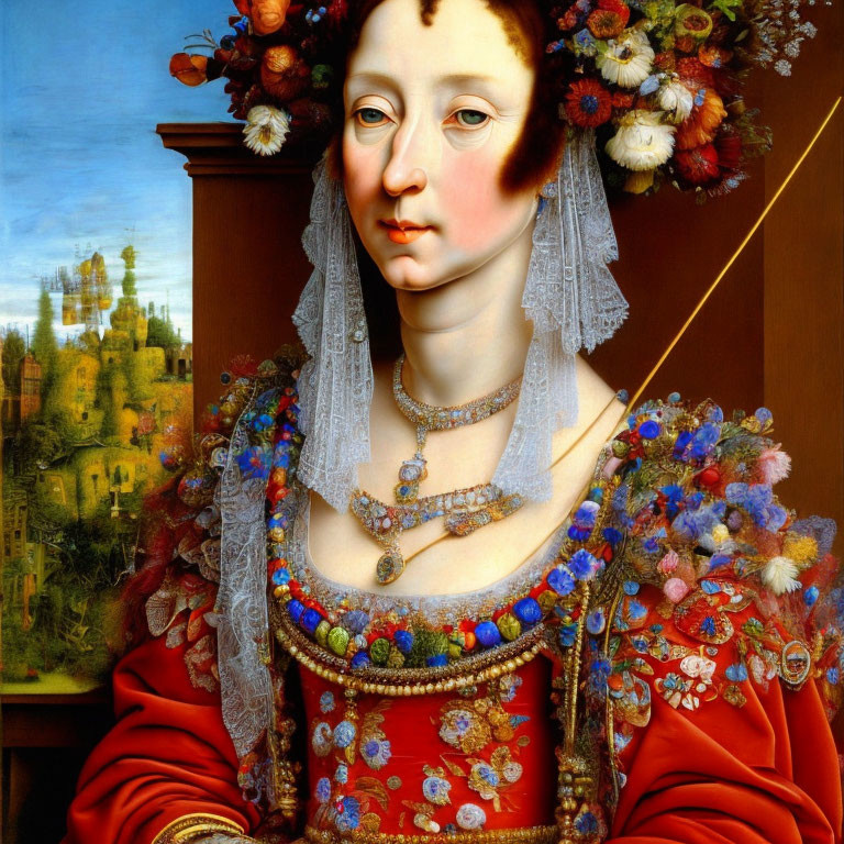 Woman portrait with floral wreath, jewels, red dress, and landscape backdrop