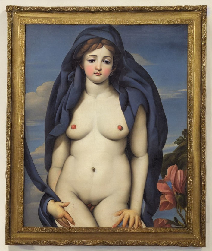 Female Figure Draped in Blue Against Sky and Foliage