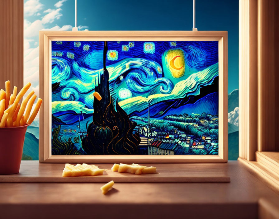 Framed painting of "Starry Night" with French fries and mountain view