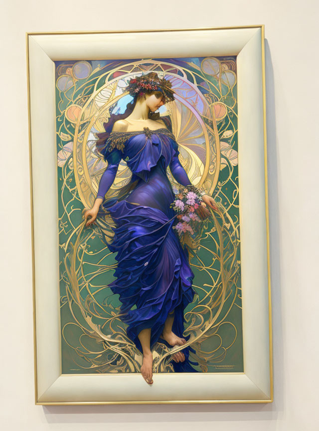 Art Nouveau Style Painting of Woman in Purple Dress with Floral Motifs