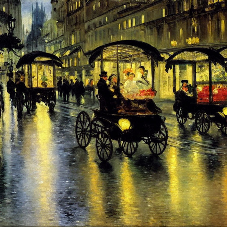 Impressionist painting of evening street scene with carriages and illuminated shops