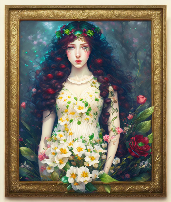 Woman in floral crown and dress surrounded by lush greenery and flowers in vintage painting style