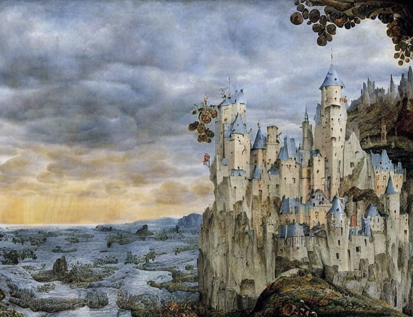 Medieval castle on rocky cliff with hanging gardens and hot air balloon