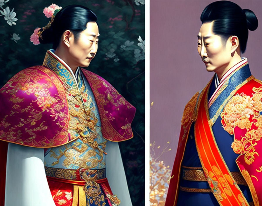 Illustrations of man in traditional Korean hanbok with intricate patterns and vibrant colors against floral backdrop