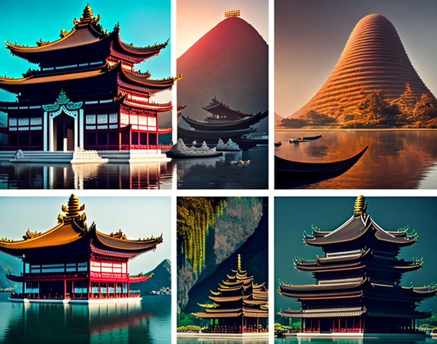 Six photos of traditional and modern Asian architecture with serene water reflections