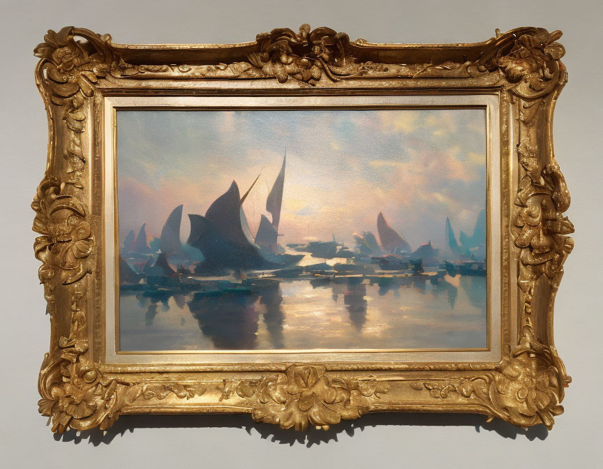 Golden Frame Surrounding Sailboats Painting on Tranquil Waters
