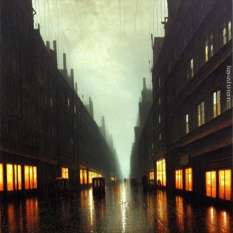 Rainy street scene with warm light and overcast sky.
