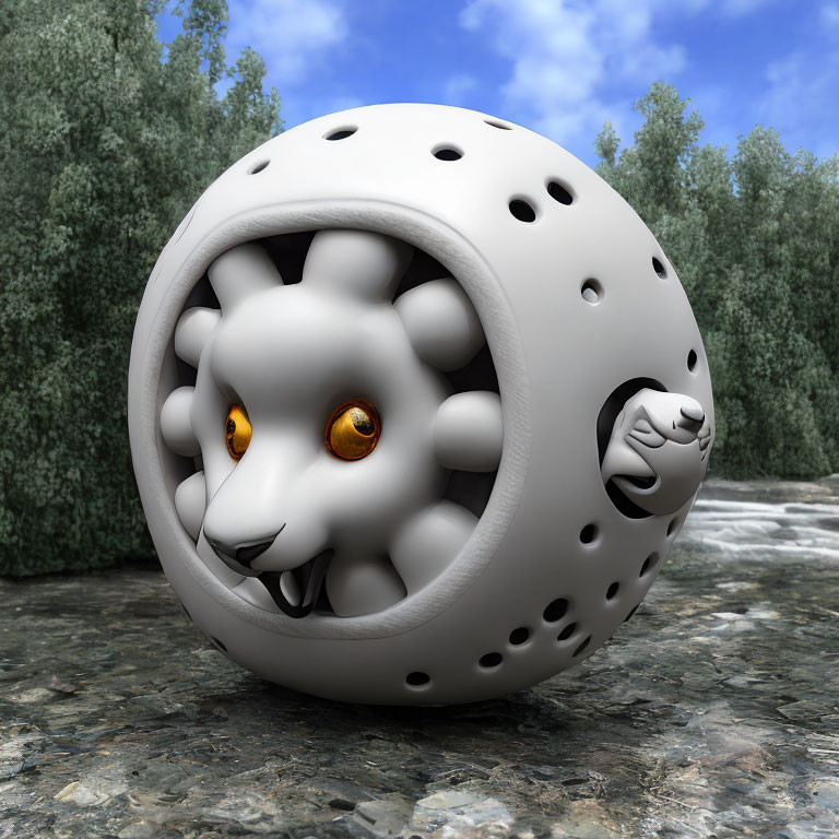 3D-rendered sphere with lion faces on rocky terrain under cloudy sky
