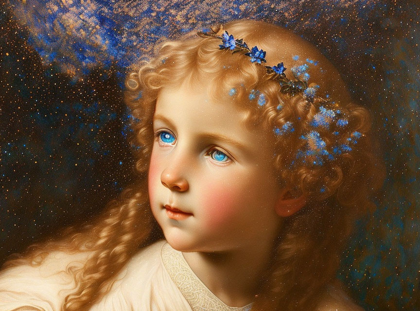 Portrait of a child with blonde curls and blue flowers in starlit setting