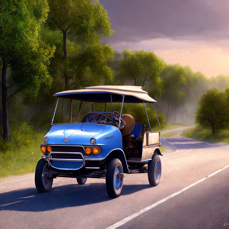 Blue Classic Car Converted into Golf Cart on Sunlit Road