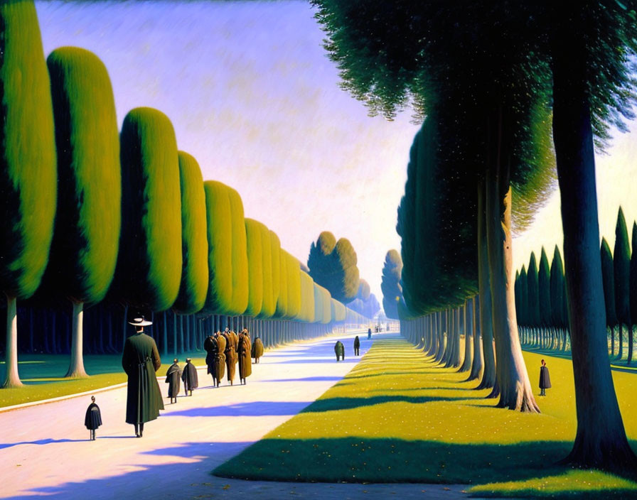 Vibrant painting of people strolling down tree-lined avenue