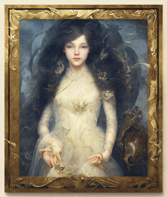 Portrait of a girl with dark hair and blue eyes in white dress with gold accents