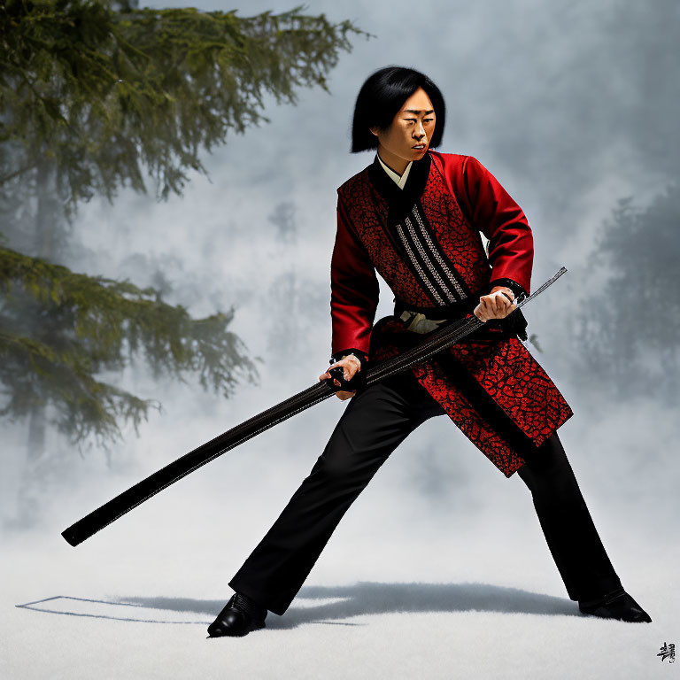 Person in Red and Black Traditional Outfit with Sword in Misty Pine Forest