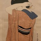 Japanese ukiyo-e woodblock print of woman in Kimono fixing hair