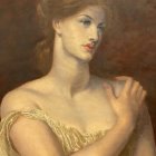 Portrait of woman with updo hairstyle and gold hairpiece in off-shoulder gown