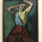 Woman in Blue Sleeveless Blouse and Red Skirt Oil Painting