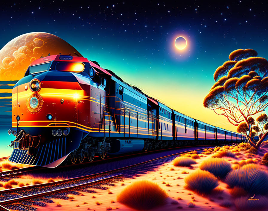 Vibrant digital artwork: classic train in fantasy desert with oversized moon & vivid sunset.