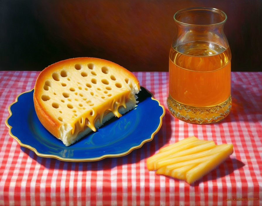 Cheese sandwich, orange juice, fries on checkered tablecloth