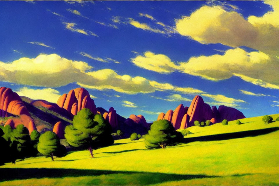 Scenic landscape painting: green hills, trees, purple mountains, blue sky.