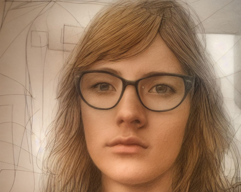 Detailed portrait of a person with glasses and intricate hair against sketched background