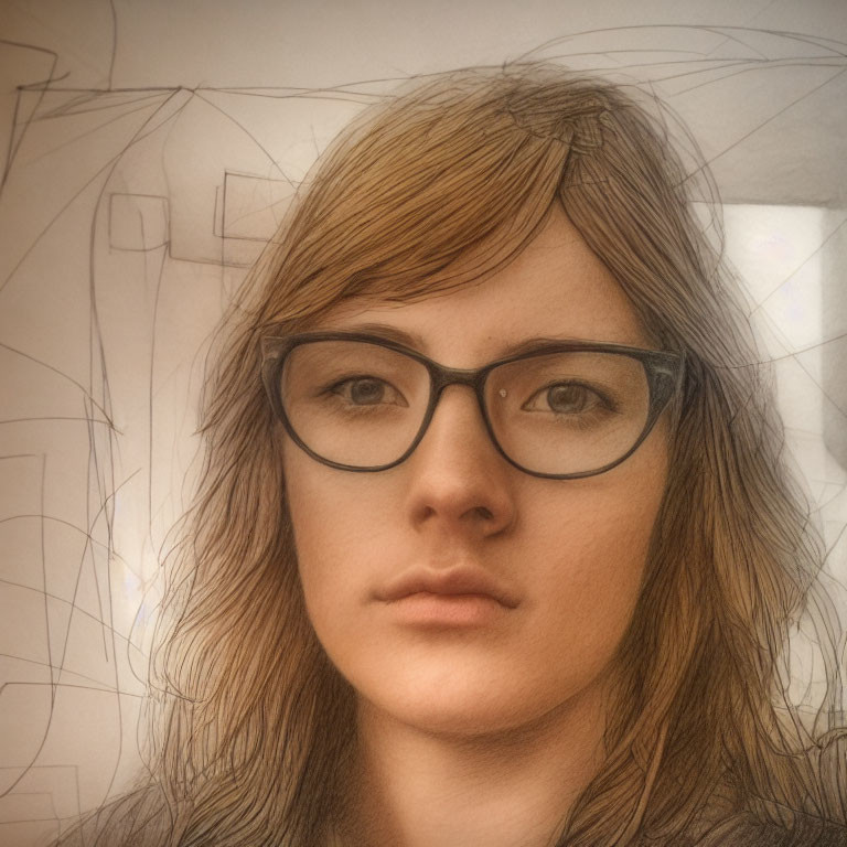 Detailed portrait of a person with glasses and intricate hair against sketched background