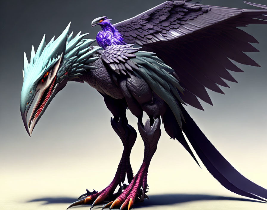 Blue-scaled dragon 3D rendering with feathers, wings, claws, and bird detail
