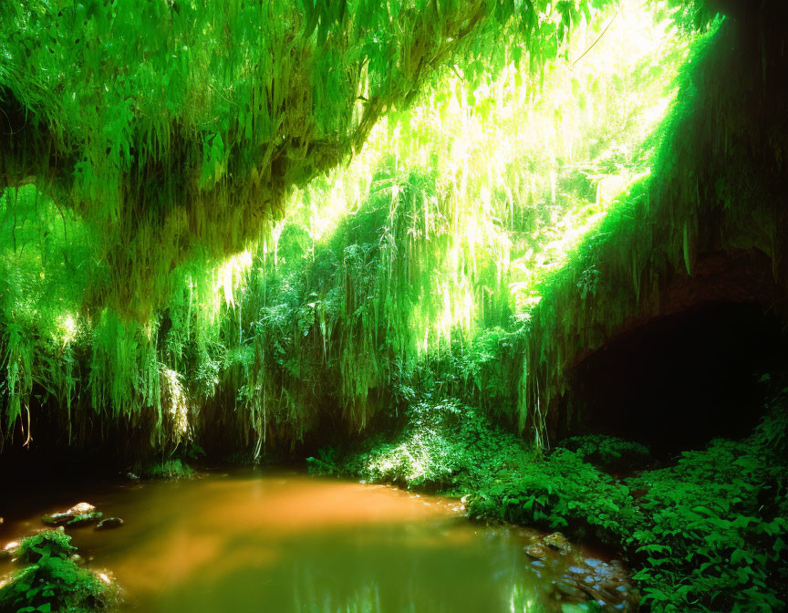Verdant cave entrance with lush greenery and soft light